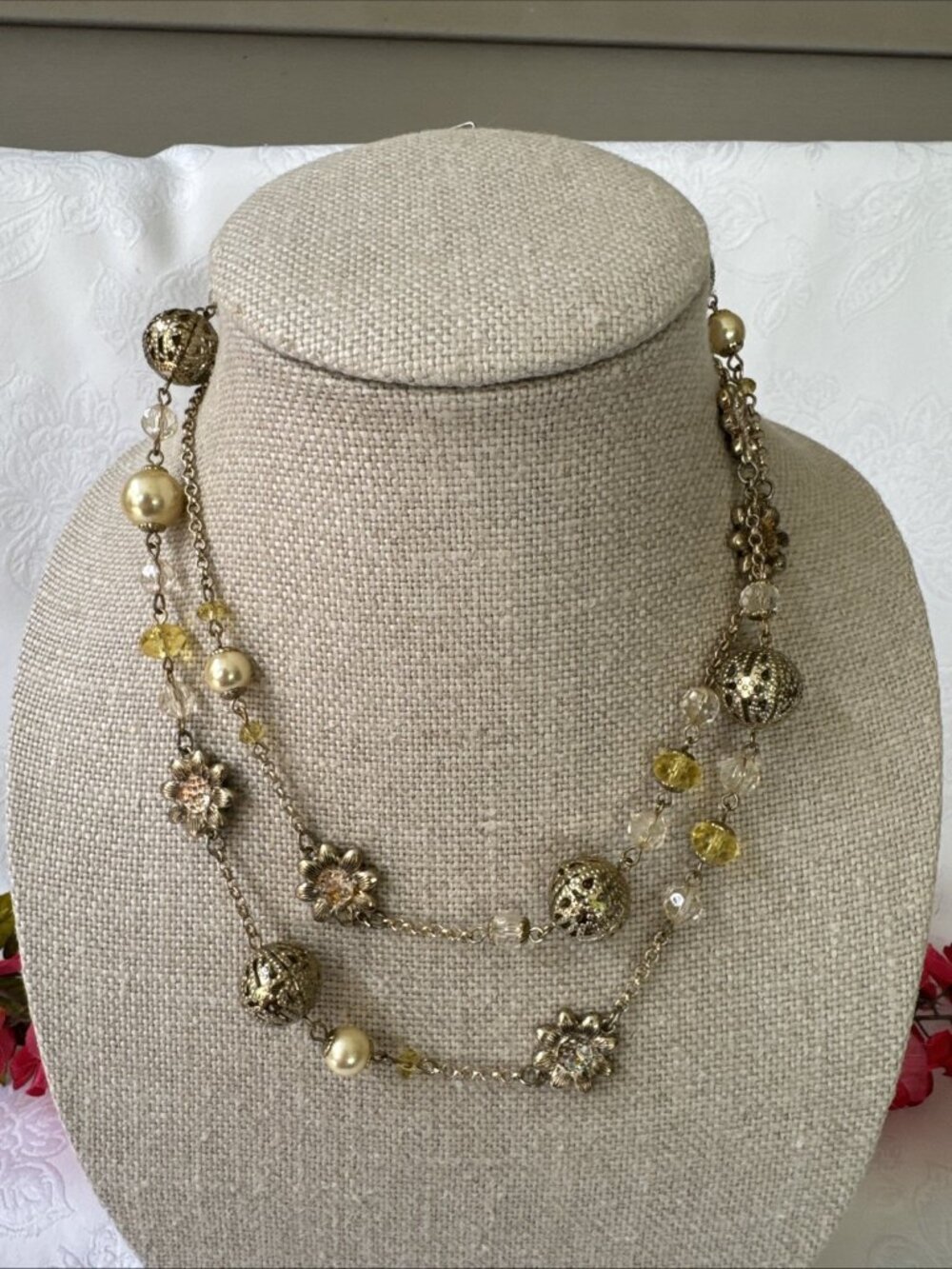 Nordstrom Sequin NYC GoldTone Filigree Bead Pearls Flowers 40" Necklace NEW